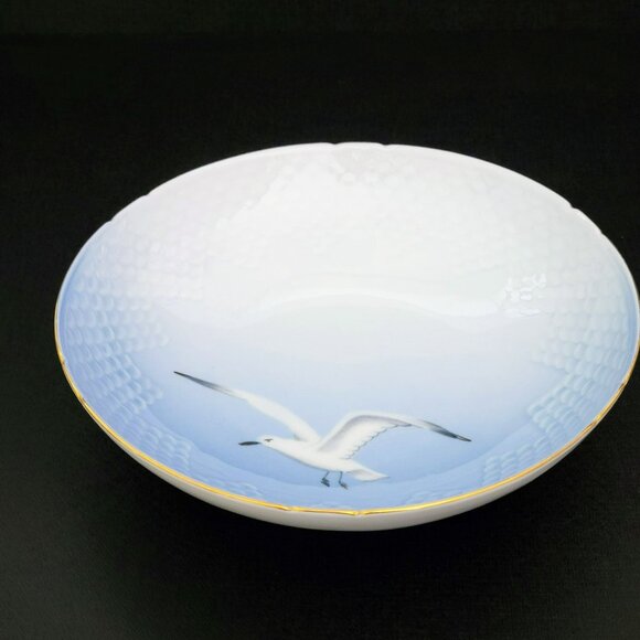 Vintage Bing & Grondahl Seagull Serving Bowl Coastal Blue White Ombre Gold Trim